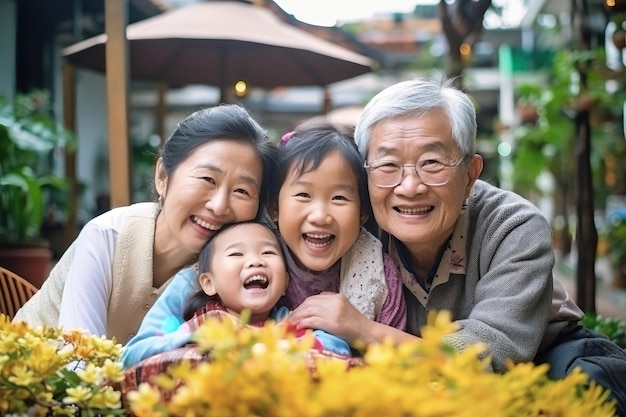 Aziatische familie samen Familiefoto van een bejaarde vader, dochter en jonge kleinkinderen Kinderen en kleinkinderen bezoeken bejaarde ouders Familiewaarden Vriendelijke familie Zorg voor ouderen