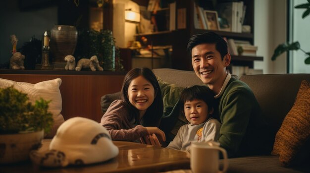 Aziatische gelukkige familie in de woonkamer.