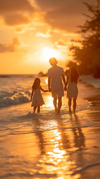 Aziatische gezinnen vakantie naar tropische eilanden en genieten van een prachtige buitenleven ontspannen en plezier hebben samen terwijl de zon ondergaat over het water