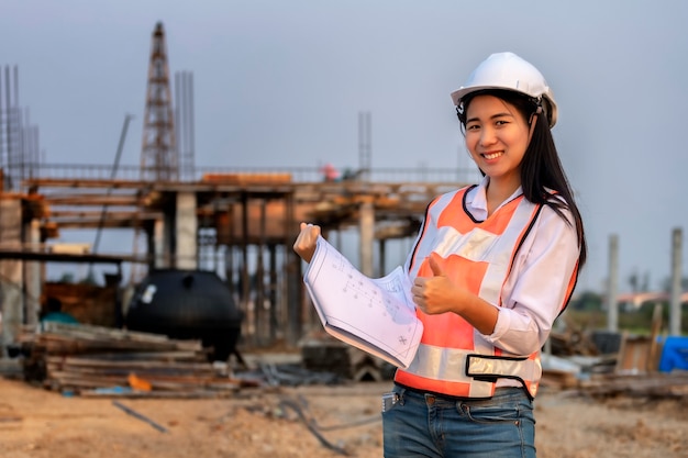 Foto aziatische het document van de vrouwen civiel-ingenieur plan bouw architect die witte veiligheidshelm dragen