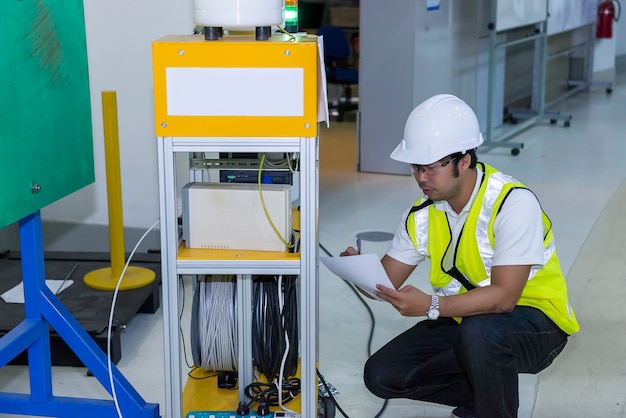 Aziatische ingenieur aan het werk bij OperatiehalThailand mensen dragen helmwerk Hij werkte met toewijding en geduld