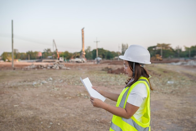 Aziatische ingenieur aan het werk op de plaats van een groot bouwprojectThailand-mensenOveruren op de bouwplaats