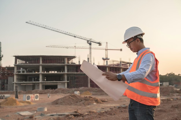 Aziatische ingenieur aan het werk op de plaats van een groot bouwprojectThailand-mensenOveruren op de bouwplaats