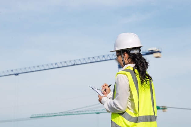 Aziatische ingenieur aan het werk op de plaats van een groot bouwprojectThailand-mensenOveruren op de bouwplaats