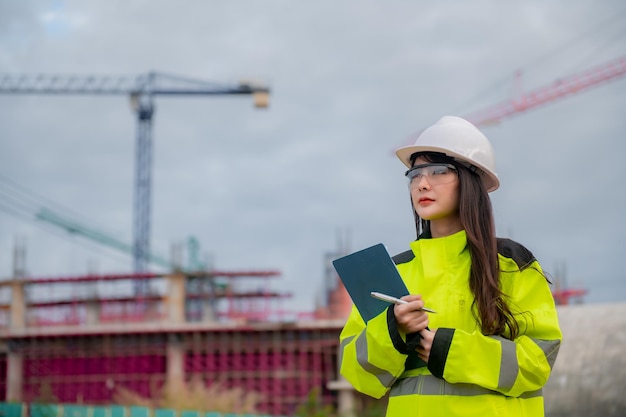 Aziatische ingenieur aan het werk op de plaats van een groot bouwprojectThailand-mensenOveruren op de bouwplaats