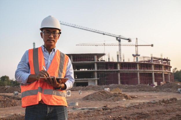 Aziatische ingenieur aan het werk op de plaats van een groot bouwprojectThailand-mensenOveruren op de bouwplaats