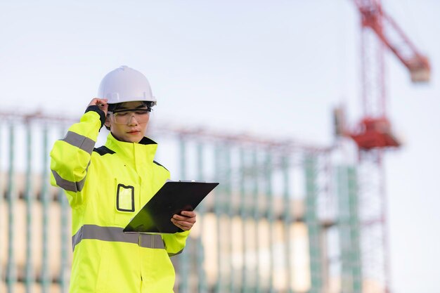 Aziatische ingenieur aan het werk op de plaats van een groot bouwprojectThailand-mensenOveruren op de bouwplaats