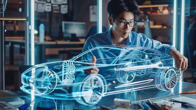 Aziatische ingenieur die aan een holografisch model van een auto werkt