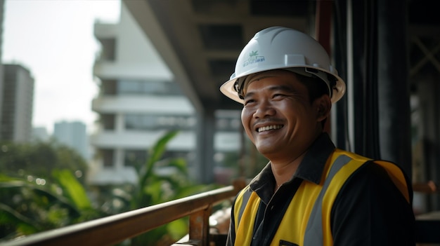Aziatische ingenieur knappe man of architect kijkt uit met witte veiligheidshelm in de bouw