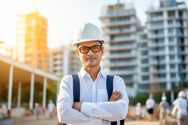 Aziatische ingenieur knappe man of architect op zoek naar constructie met witte veiligheidshelm in