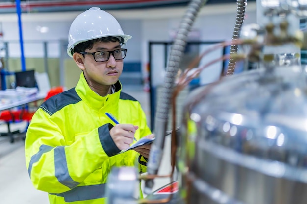 Aziatische ingenieur werkt in de operatiekamer. Thaise mensen dragen helmen. Hij werkte met ijver en geduld. Hij controleerde de klepregelaar bij de waterstoftank.