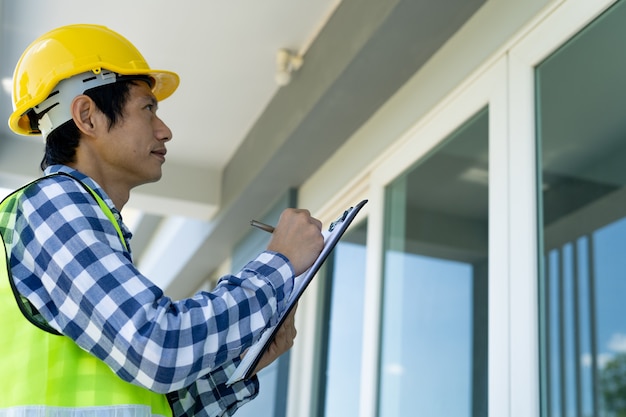 Aziatische inspecteurs bekijken de structuur van het nieuwe gebouw en maken aantekeningen op het klembord om het huis te inspecteren en te corrigeren voordat het aan klanten wordt verkocht.