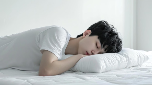 Foto aziatische jonge man slaapt op het kussen in een witte slaapkamer