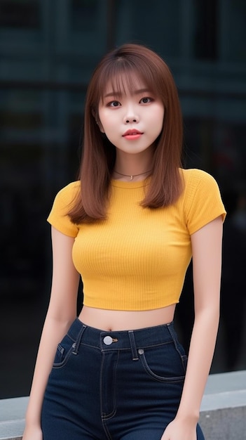 Aziatische jonge vrouw in een gele top en spijkerbroek staat voor een gebouw