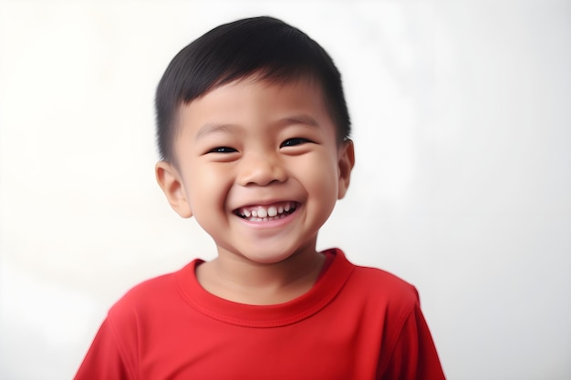 Aziatische jongen glimlachend draagt rode outfit op een witte achtergrond