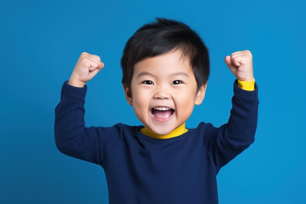 Aziatische jongen in blauwe trui steekt vuist op blauwe achtergrond