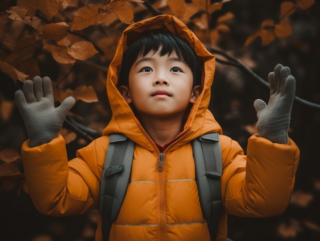 Aziatische jongen in emotionele dynamische pose op herfst achtergrond