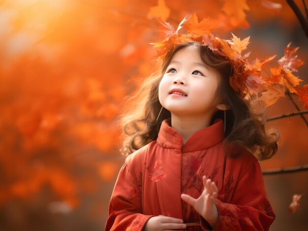 Aziatische jongen in emotionele dynamische pose op herfst achtergrond