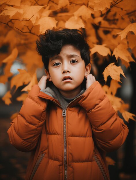 Aziatische jongen in emotionele dynamische pose op herfst achtergrond