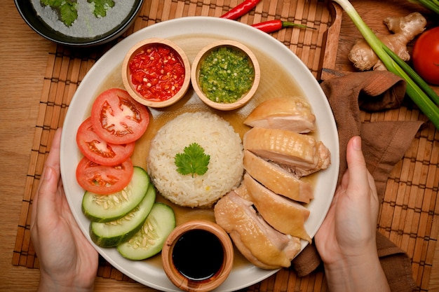 Foto aziatische keuken concept vrouwelijke handen in close-up met hainanese kiprijst op een tafel