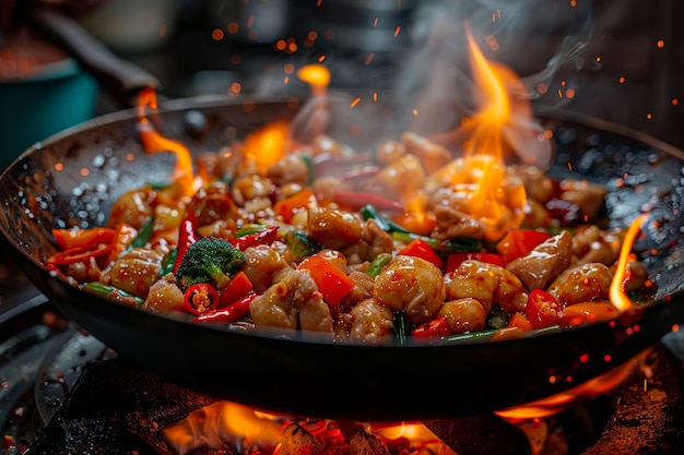 Aziatische keuken Koken met vuur in wokpan