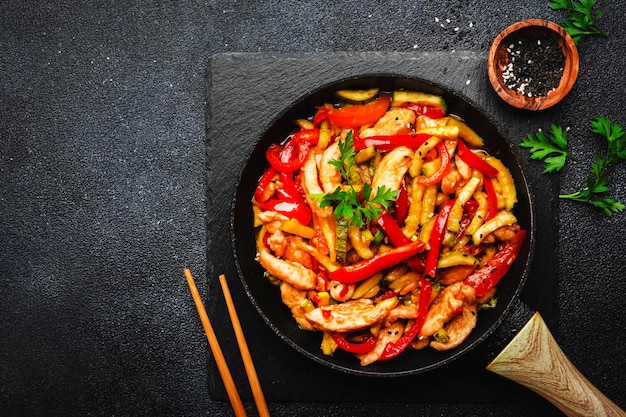 Aziatische keuken roerbak met kip rode paprika peper en courgette in koekenpan Zwarte keukentafel achtergrond bovenaanzicht kopieerruimte