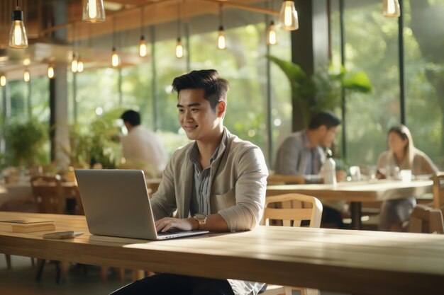 Aziatische man aan het werk met zijn laptop in traditioneel teakhouten kantoor Generatieve AI