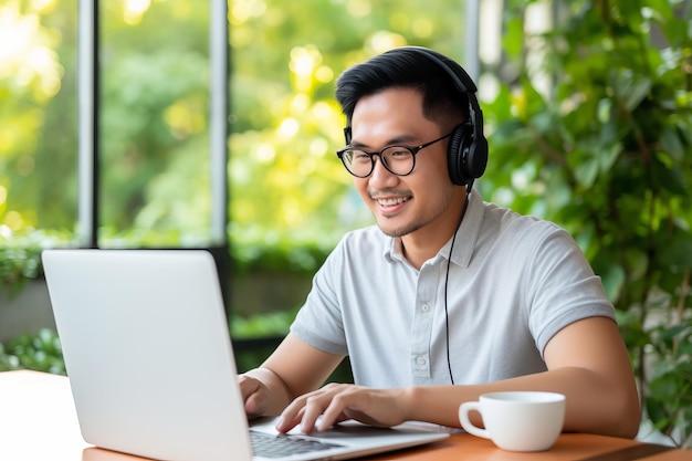 Aziatische man die een discussie of webconferentie chat werkt of studeert thuis freelance online videoconferentie elearning webchat vergadering