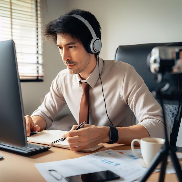 Aziatische man die een telefonische vergadering bijwoont op zijn externe baan