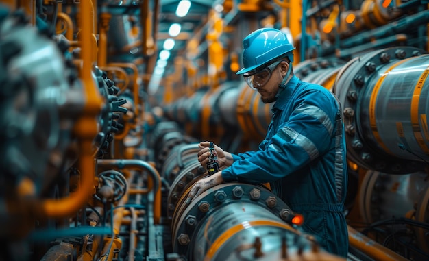 Aziatische man die in de industriële gasfabriek werkt Een arbeider in blauwe overalls en helm repareert de machines van een industriële fabriek met grote leidingen