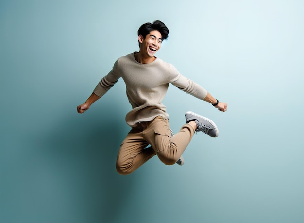 Aziatische man in een trui springt in de lucht met een glimlach op zijn gezicht opgewonden gelukkig ja succes geïsoleerd