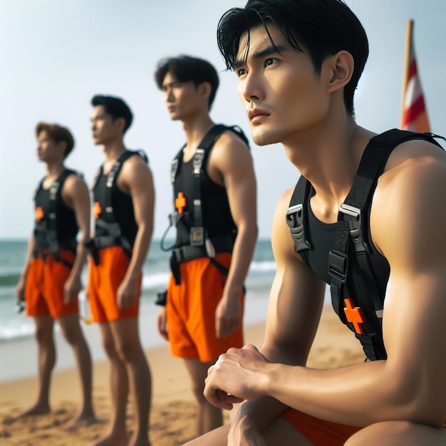 Aziatische man in oranje korte broek staat op een strand