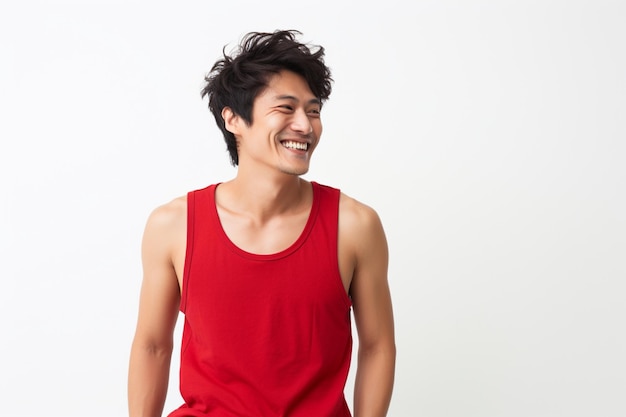 Aziatische man in rood singlet met een gelukkige lachende uitdrukking