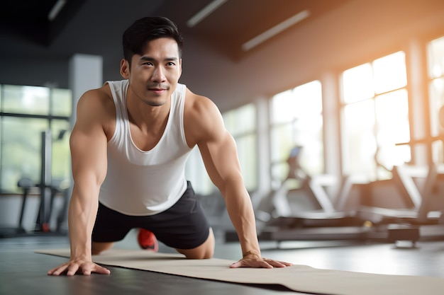 Aziatische man opwarmen lichaam in de sportschool concept ai