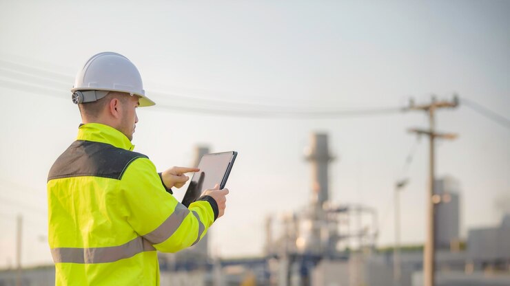 Aziatische man petrochemische ingenieur die werkt bij olie- en gas raffinaderij fabriek industrie fabriek de mensen werknemer man ingenieur werk controle bij elektriciteitscentrale energie industrie productie
