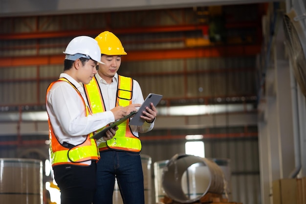 Aziatische man team ingenieur werknemer werkende controle plaat metaal dak tegels rol vormen machine bij plaat profielen fabriek Industriële productie Eenheid en teamwerk