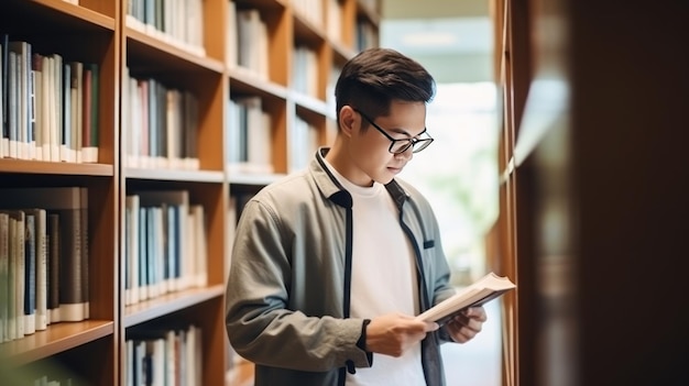 Aziatische mannelijke student met een bril leest een boek in de buurt van planken in de universiteitsbibliotheek