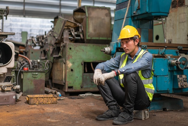 Aziatische mannelijke werknemer zittend op de vloer en moe van het harde werk in de fabriek