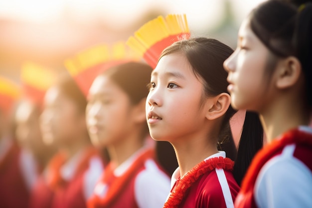 Aziatische meisjes die deelnemen aan een sportevenement en hun atletische vaardigheden en teamwerk demonstreren