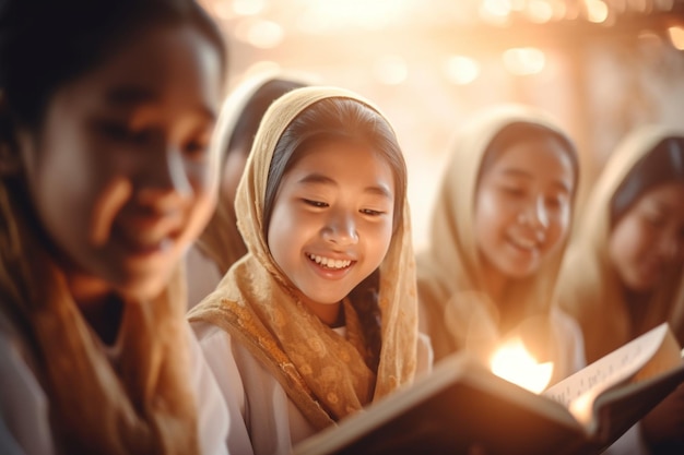 Aziatische meisjes leren een nieuwe taal en oefenen gespreksvaardigheden meisjes onderwijs Aziatisch