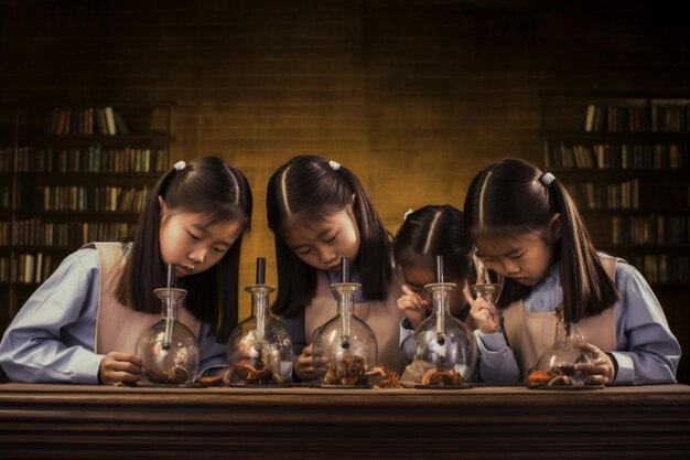 Aziatische meisjes verdiept in een wetenschappelijk experiment meisjesonderwijs Asian Generative AI