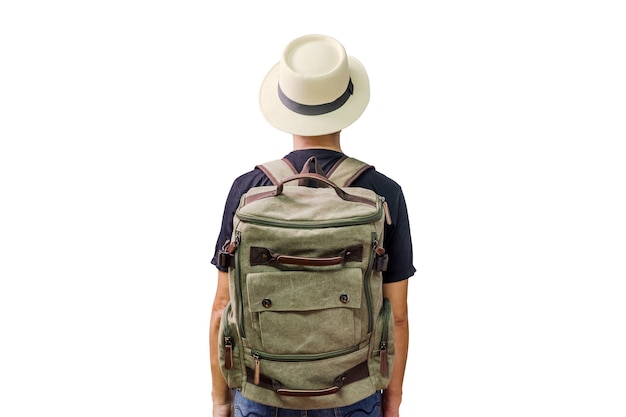 Aziatische mens die backpacker op witte achtergrond reist