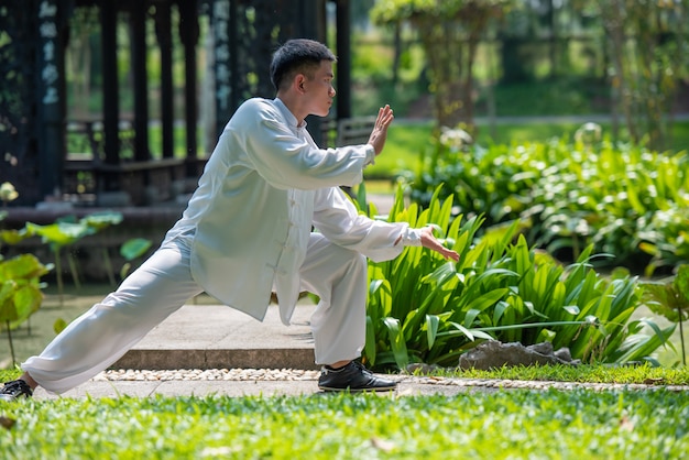 Aziatische mens die met Tai Chi in de ochtend bij het park, Chinese vechtsporten, gezonde zorg voor het levensconcept uitwerken.