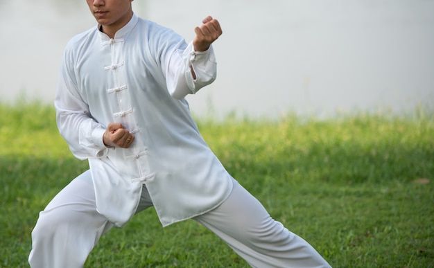 Aziatische mens die met Tai Chi in de ochtend bij het park uitwerkt