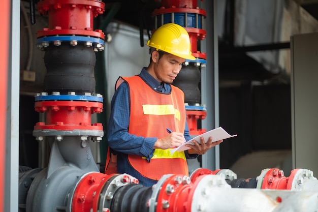 Aziatische mensen die in fabriek werken Aziatische arbeider die machine in fabriek controleert