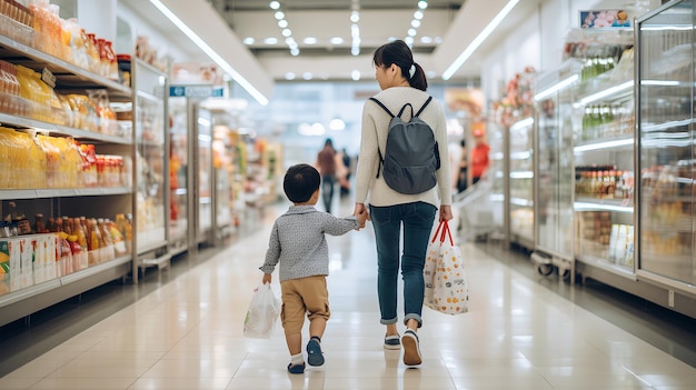 Aziatische moeder en zoon winkelen in een drukke warenhuis