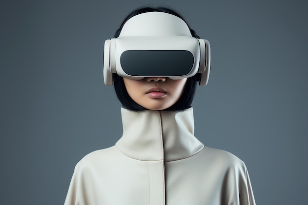 Aziatische mooie jonge vrouw met een virtual reality-headset met een duidelijke achtergrond