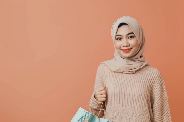 Aziatische moslimvrouw viert Werelddag van Consumentenrechten met boodschappenzakken