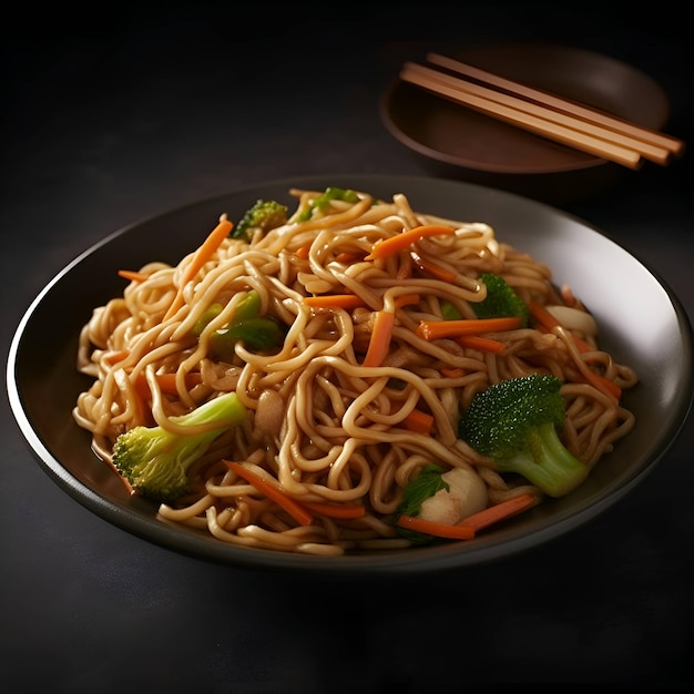 Aziatische noedels met groenten en eetstokjes op donkere close-up als achtergrond