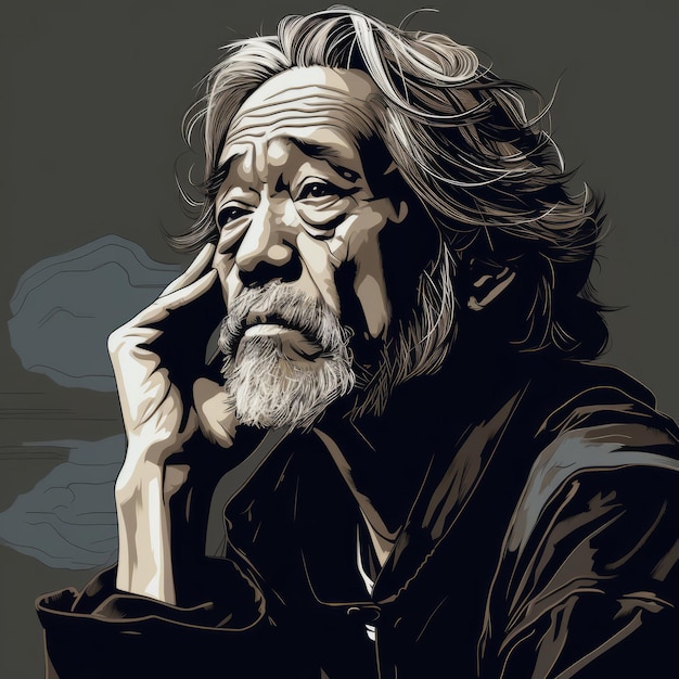 Aziatische oude man in denken en twijfels cartoon illustratie Mannelijk personage met dromerig gezicht op abstracte achtergrond Ai gegenereerde heldere fantasierijke poster